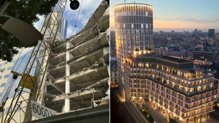 Continuă lucrările de demolare la fostul sediu Bancorex de pe Calea Victoriei. Turnul rămâne, Podiumul dispare, iar șantierul se va întinde pe 3 ani