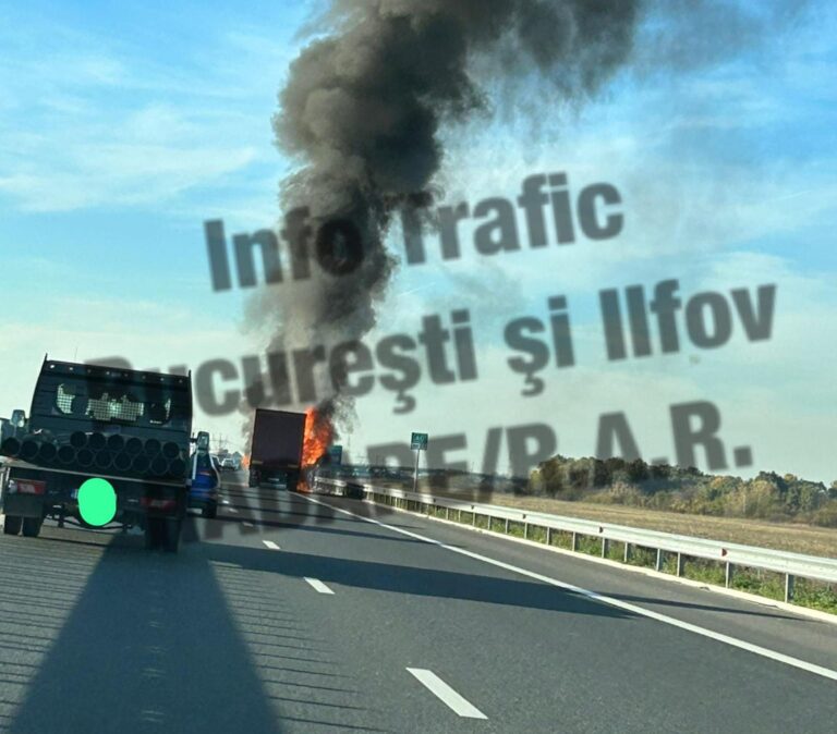 Incident pe Autostrada Bucureștiului A0: Un camion a luat foc, trafic oprit