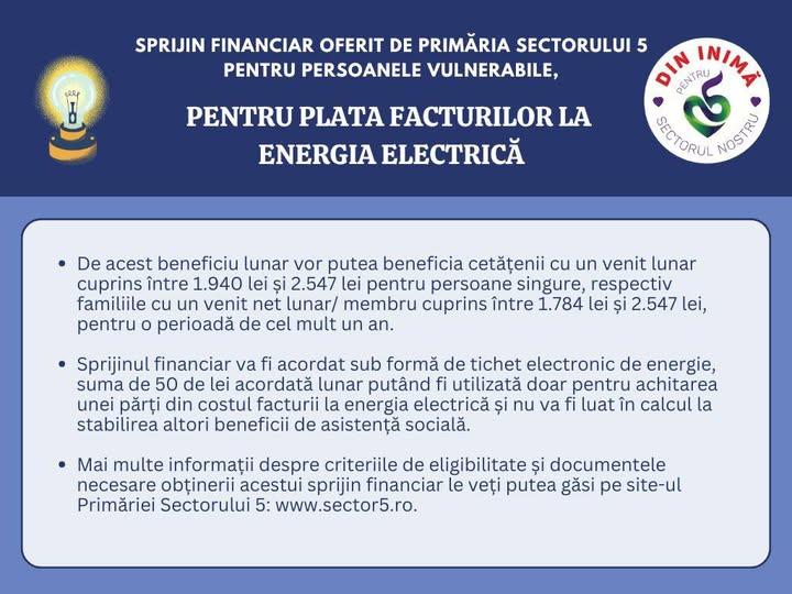 Sprijin financiar oferit de Primăria Sectorului 5 pentru persoanele vulnerabile în vederea plății facturilor la energia electrică