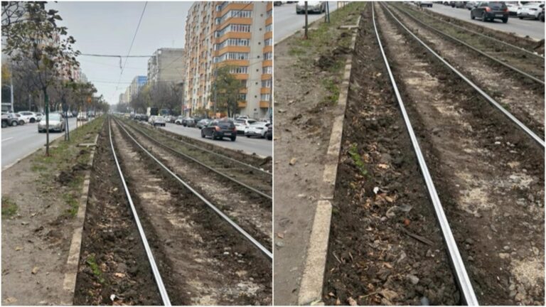 FOTO  | Gazonul de pe șinele de tramvai de pe linia 32 a fost îndepărtat. Rulourile de iarbă au generat multiple incidente, nu doar pe acest traseu