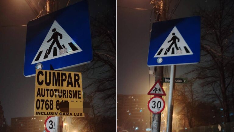 Dispar plăcuțele comerciale de lângă indicatoarele rutiere din Sectorul 6. Primăria avertizează: „Le dăm jos rapid! Sunt ilegale”
