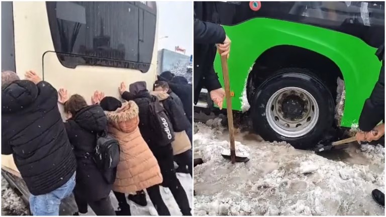 Autobuz STB blocat în zăpadă, deblocat de călători cu lopezi