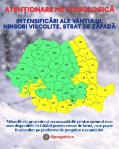 Cod galben de vânt puternic și ninsori în 13 județe, 15-16 februarie
