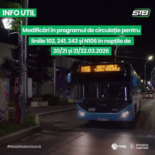Liniile STB 102, 241 și 243 circulă până la 23:00 pe 20-21 martie