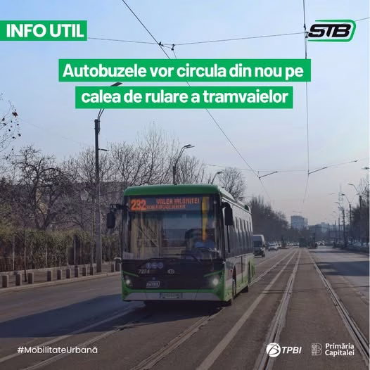 STB reia circulația autobuzelor pe șinele de tramvai din 7 martie
