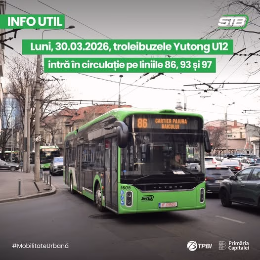 Troleibuze Yutong U12 intră pe liniile 85 și 86 din 30 martie