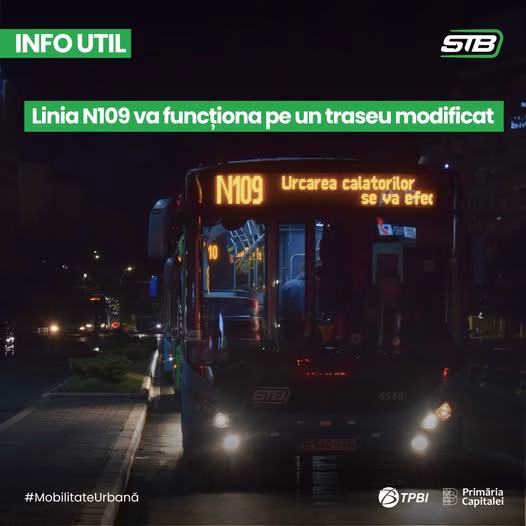 Linia N109 circulă pe traseu modificat din cauza lucrărilor pe Basarabia
