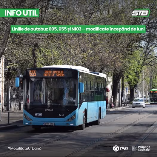 STB modifică liniile 605, 655 și N103 din 5 mai pentru lucrări tramvai