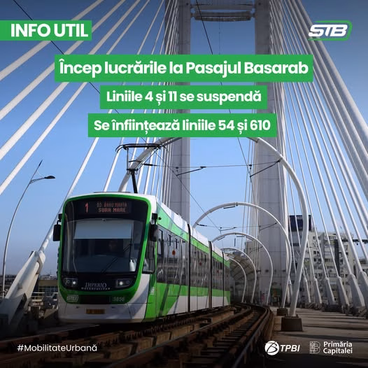 STB suspendă liniile 4 și 11 de la 20 iunie pentru lucrări la Pasajul Basarab - Utile